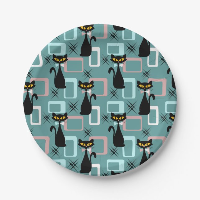 Mid Century black cat pattern Paper Plate (Front)