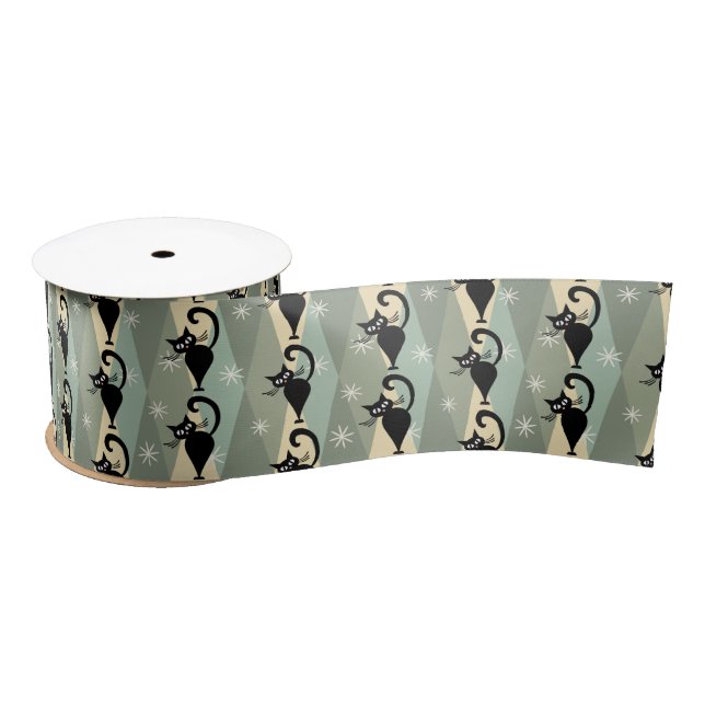 Mid Century black cat pattern Satin Ribbon (Spool)