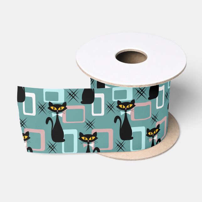 Mid Century black cat pattern Satin Ribbon (Spool)