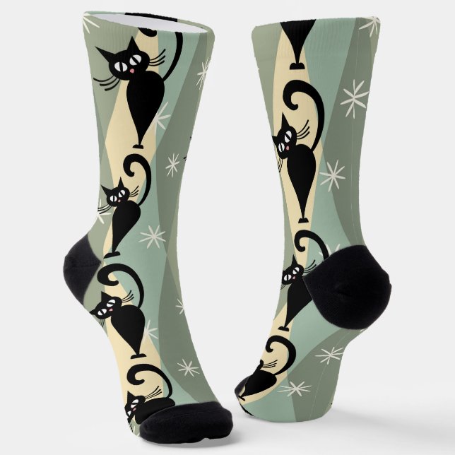 Mid Century black cat pattern Socks (Angled)