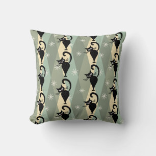 Mid Century black cat pattern Throw Pillow