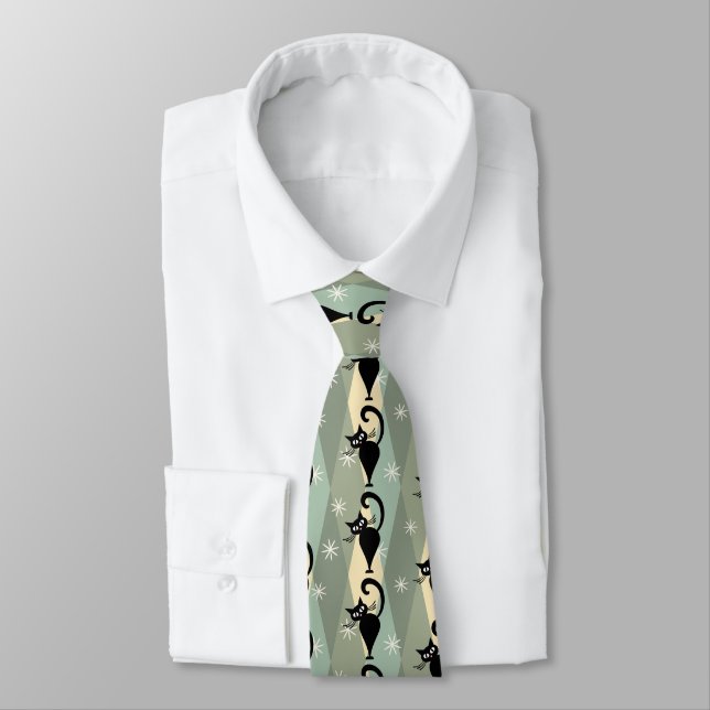 Mid Century black cat pattern Tie (Tied)
