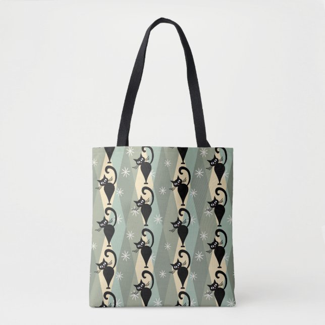 Mid Century black cat pattern Tote Bag (Front)
