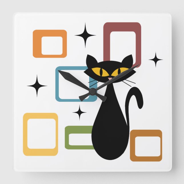 Mid Century black cat Square Wall Clock (Front)