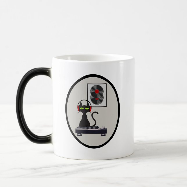 Mid Century black Cat with headphones Magic Mug (Left)