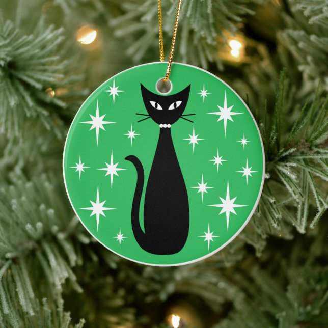 Mid Century Black Cat with White Stars on Green Ceramic Ornament (Tree)