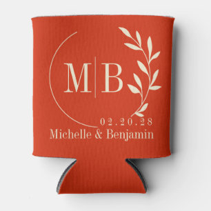 Mid-Century Blood Orange Leaf Wedding Monogram Can Cooler