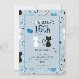 Mid Century Blue Heart Cats Birthday Invitation