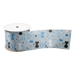 Mid Century Blue Heart Cats Satin Ribbon