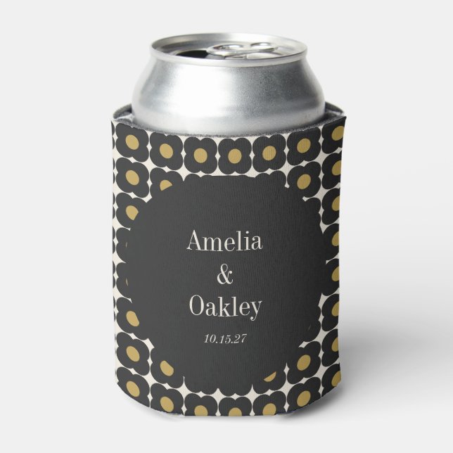 Mid Century Bold Black Gold Floral Wedding Custom Can Cooler (Can Front)