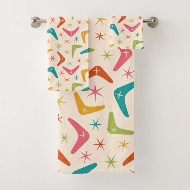 Mid Century Boomerang with Retro Starbursts  Bath Towel Set (Insitu)