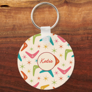 Mid Century Boomerang with Retro starbursts Name  Keychain