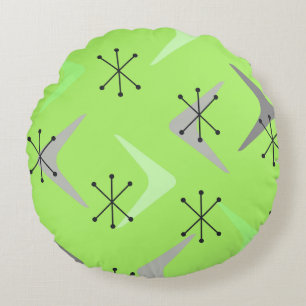 Mid Century Boomerangs Starbursts Green Round Pillow