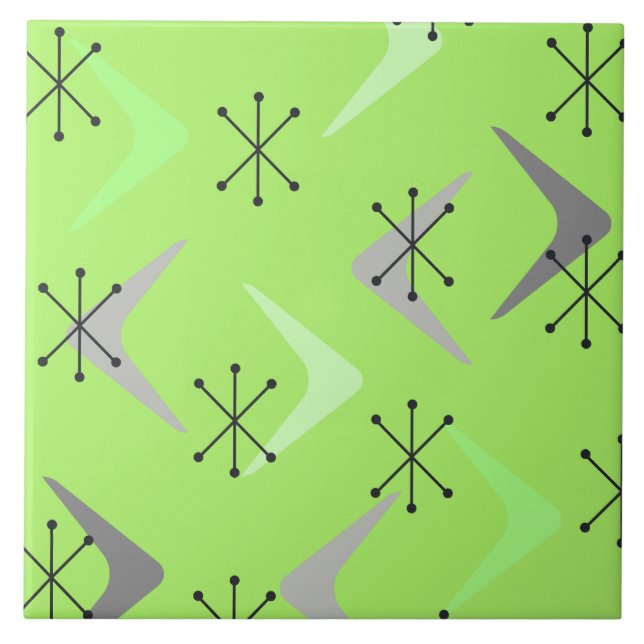 Mid Century Boomerangs Starbursts Green Tile (Front)