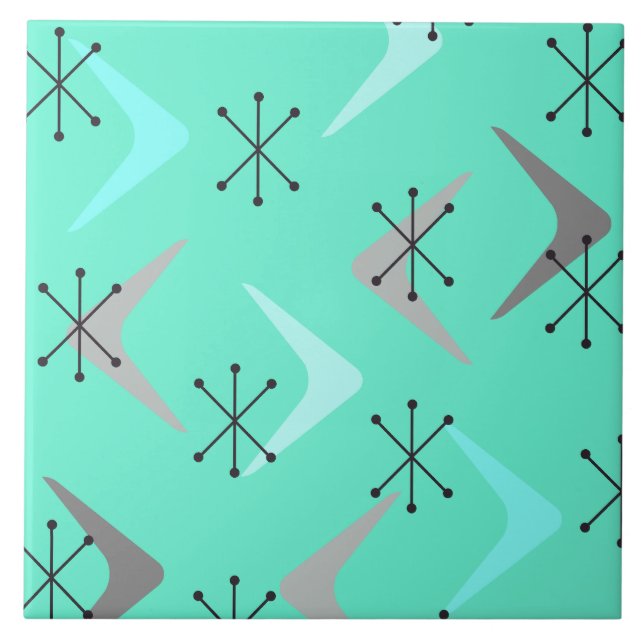 Mid Century Boomerangs Starbursts Mint Green Tile (Front)