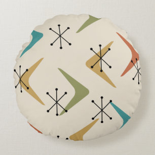 Mid Century Boomerangs Starbursts Multicolored Round Pillow