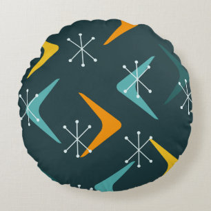 Mid Century Boomerangs Starbursts Teal Round Pillow