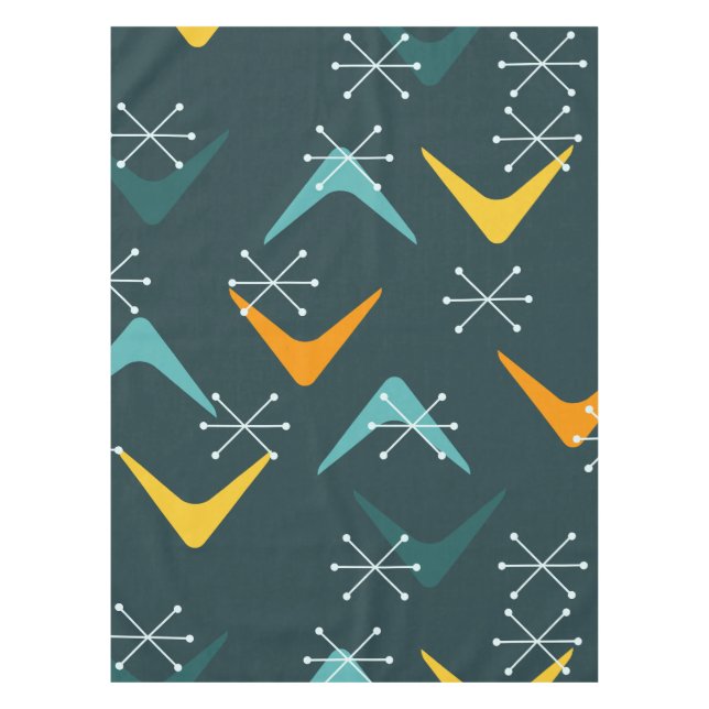 Mid Century Boomerangs Starbursts Teal Tablecloth (Front)