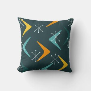 Mid Century Boomerangs Starbursts Teal Throw Pillow