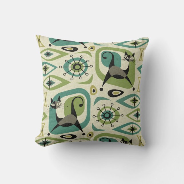 Mid Century Cat Abstract - Lime Teal ©studioxtine Throw Pillow (Front)
