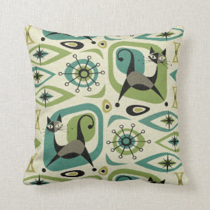 Mid Century Cat Abstract - Lime Teal ©studioxtine Throw Pillow