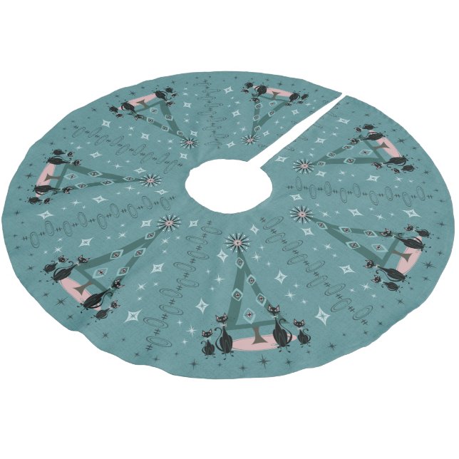 Mid Century Cat Family Holiday Brushed Polyester Tree Skirt (Angled)