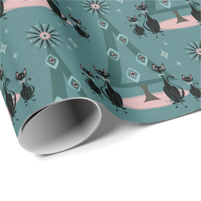 Mid Century Cat Family Holiday on Blue Wrapping Paper (Roll Corner)