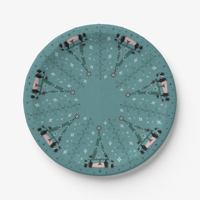 Mid Century Cat Family Holiday Paper Plate (Front)