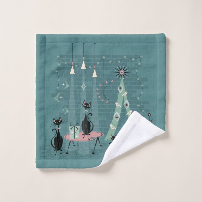 Mid Century Cat Family Holiday ©studioxtine Bath Towel Set (Wash Cloth)