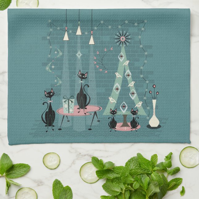 Mid Century Cat Family Holiday ©studioxtine Kitchen Towel (Folded)