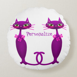 Mid century cat in purple and pink cute girly round pillow