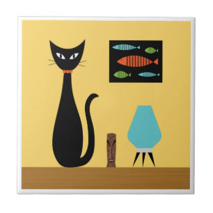 Mid Century Cat with Retro Fish on Yellow Tile