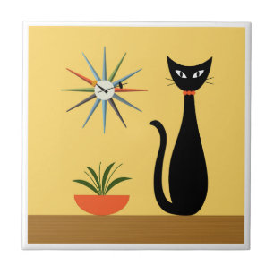 Mid Century Cat with Starburst Clock on Yellow Tile