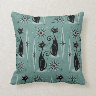 Mid Century Cats and Clocks Throw Pillow