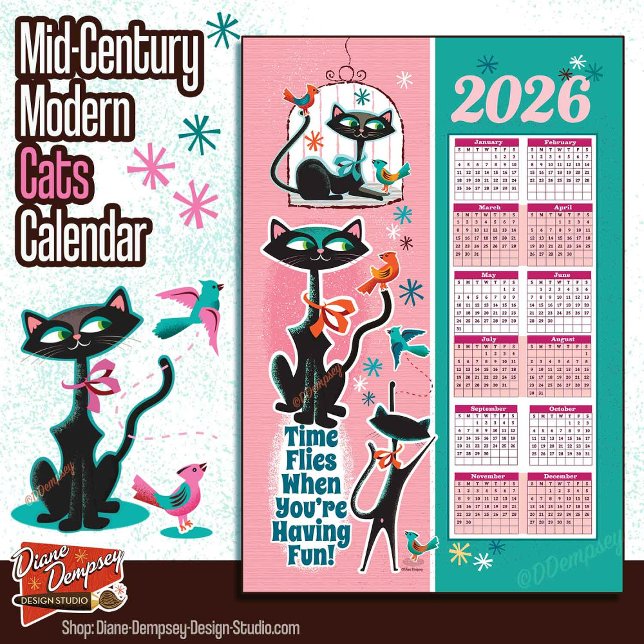 Mid-Century Cats Calendar Kitchen Towel Pink + Aqu (Creator Uploaded)