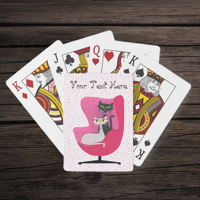 Mid Century Cats in Pink Chair on Pink Polka Dots Playing Cards (Two mid century cats in vintage pink chair on white with pink polka dots deck playing cards.)