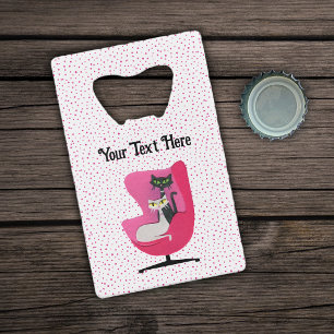 Mid Century Cats Pink Chair Pink Polka Dots Credit Card Bottle Opener