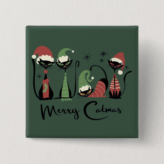 Mid Century Christmas Cats Atomic 50s Style 2 Inch Square Button (Front)