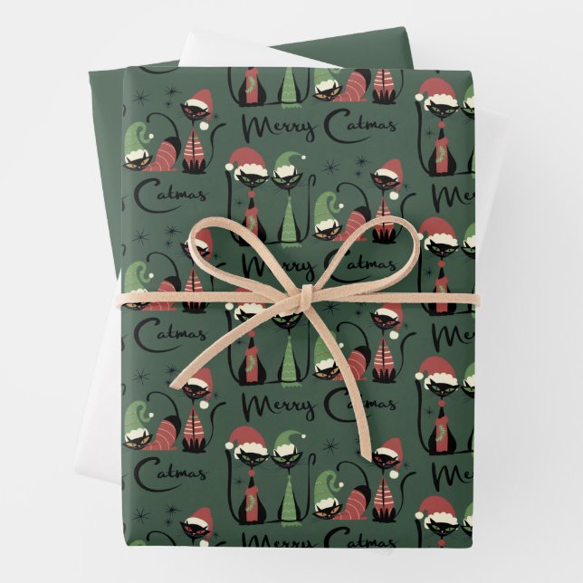 Mid Century Christmas Cats Atomic 50s Style Wrapping Paper Sheet (In situ)