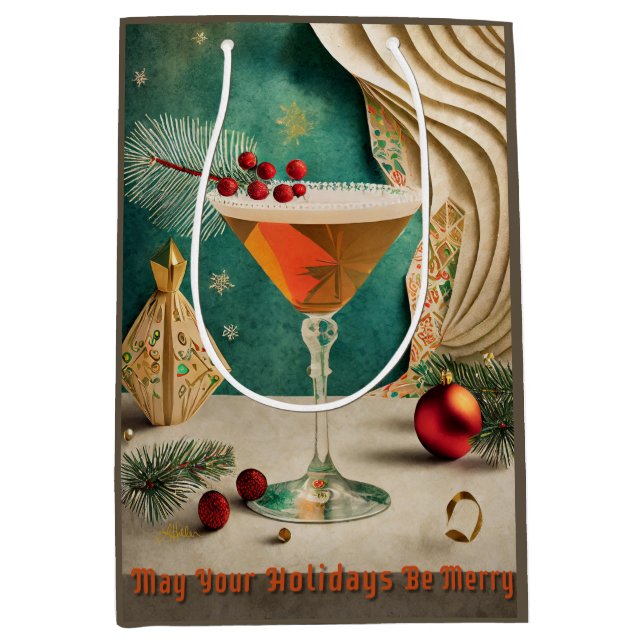 Mid Century Christmas Cocktail Party Happy Hour Medium Gift Bag (Front)