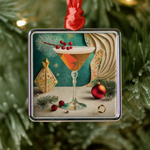 Mid Century Christmas Cocktail Party Happy Hour Metal Ornament