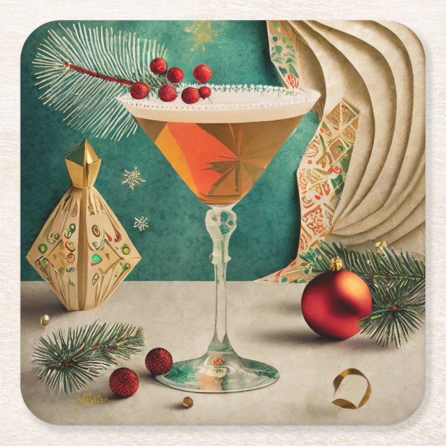 Mid Century Christmas Cocktail Party Happy Hour Square Paper Coaster (Front)