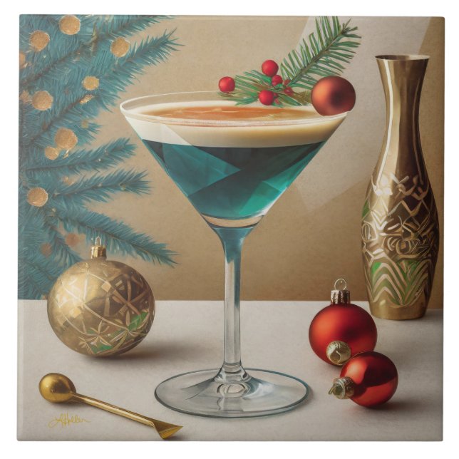 Mid Century Christmas Cocktail Party Happy Hour Tile (Front)