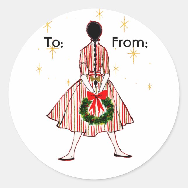 Mid Century Christmas Girl Gift Label Sticker (Front)