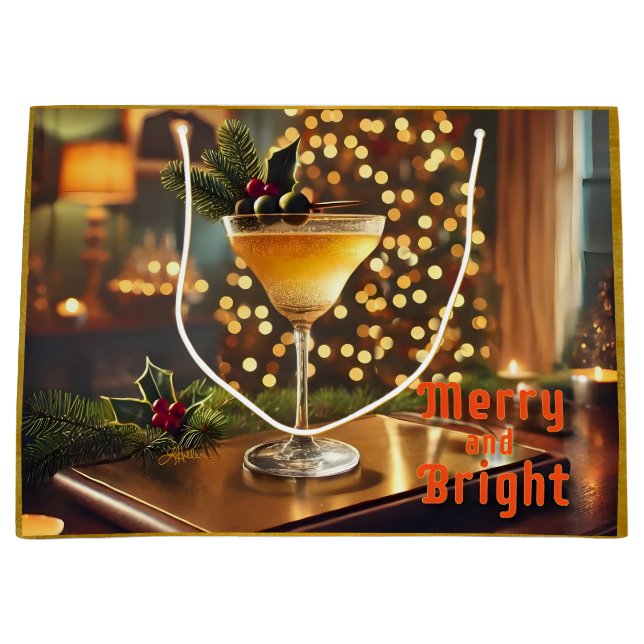 Mid Century Christmas Merry & Bright Cocktail  Large Gift Bag (Front)