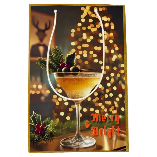 Mid Century Christmas Merry & Bright Cocktail  Medium Gift Bag (Front)
