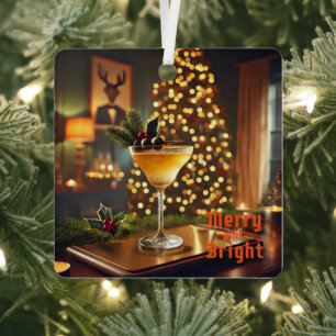 Mid Century Christmas Merry & Bright Cocktail  Metal Ornament