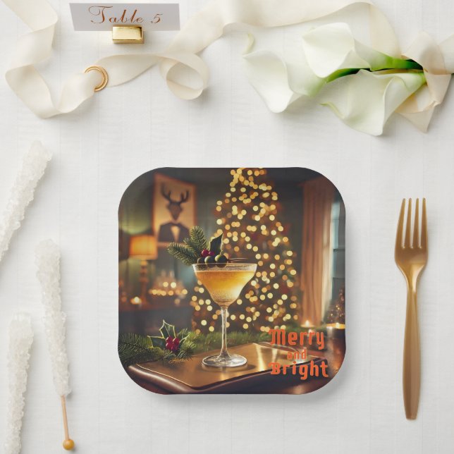 Mid Century Christmas Merry & Bright Cocktail  Paper Plate (Wedding)