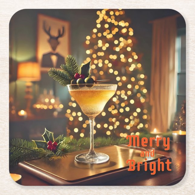 Mid Century Christmas Merry & Bright Cocktail  Square Paper Coaster (Front)