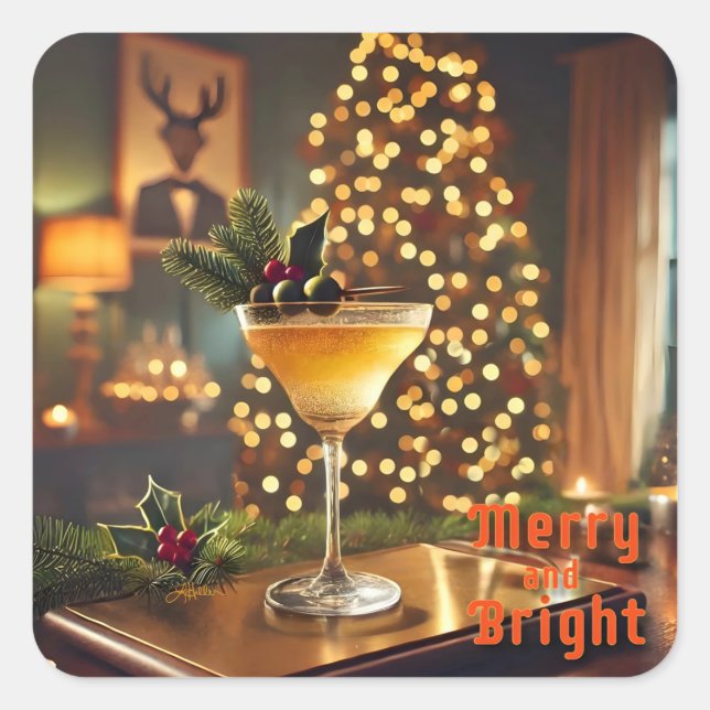 Mid Century Christmas Merry & Bright Cocktail  Square Sticker (Front)